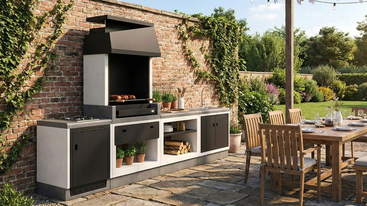 Gemauerter Grill aus Beton in einem Garten in Portugal