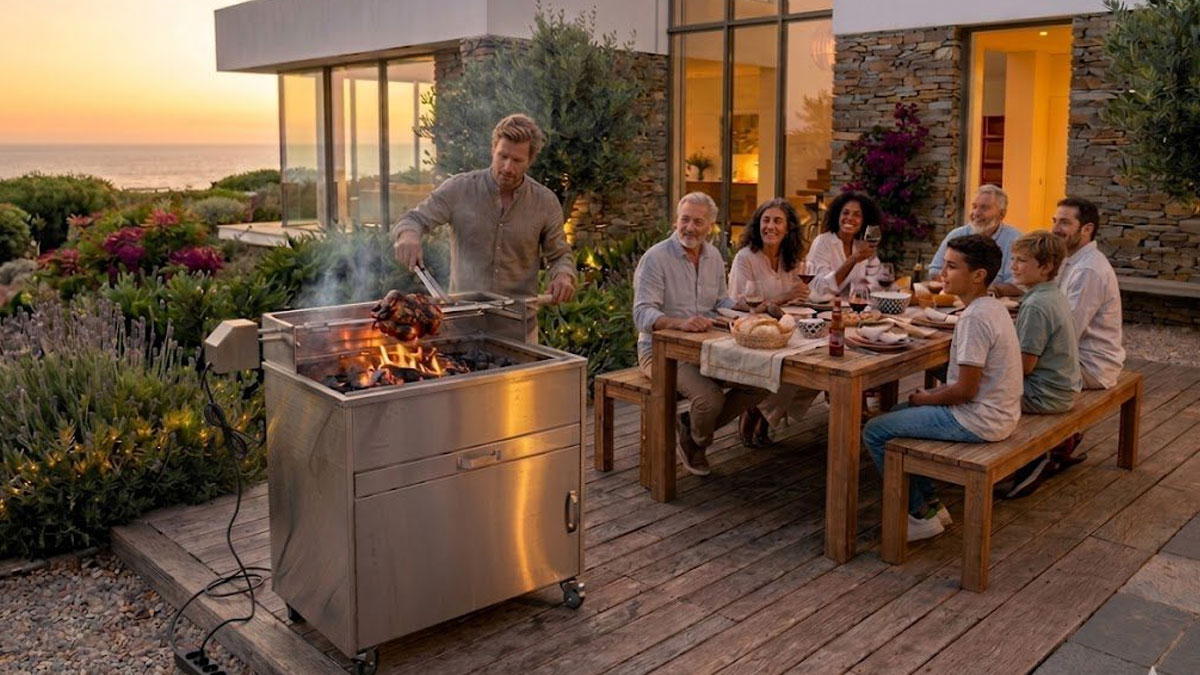 Edelstahlgrill mit Motor und Drehspieß