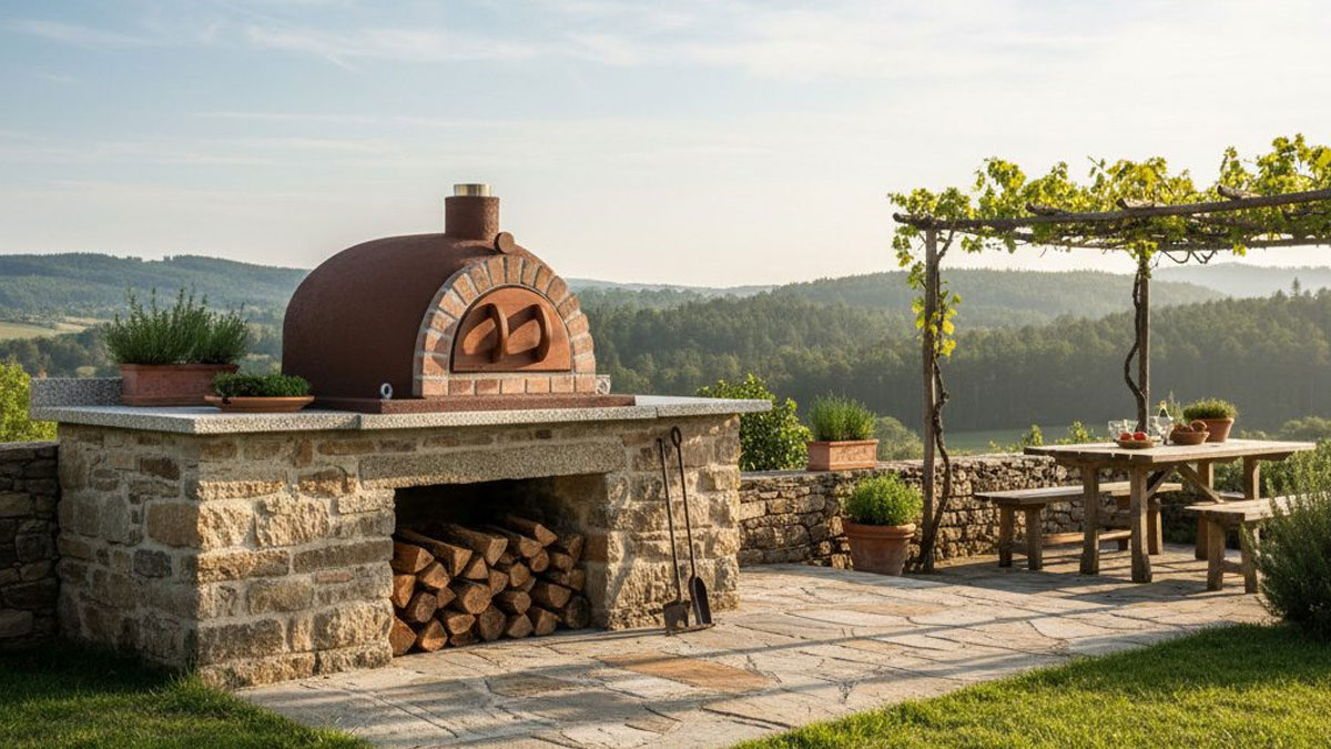 Holzbackofen in einer Outdoor-Küche in Portugal